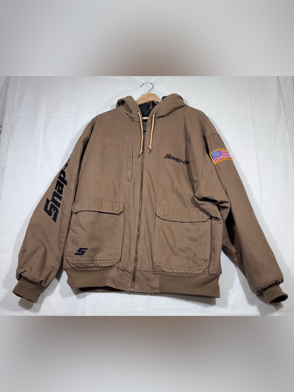 Snap-on Brown Canvas Hooded Quilted Bomber Jacket Mens XL American Flag Workwear